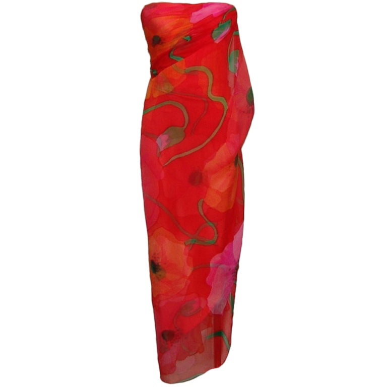 Bob Mackie Red Floral Silk Chiffon Gown