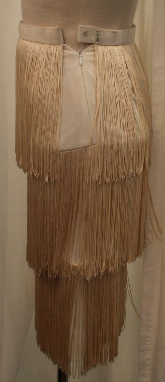 Brown Vintage Bill Blass Ivory Silk Fringed Flapper Skirt-Size 0/2