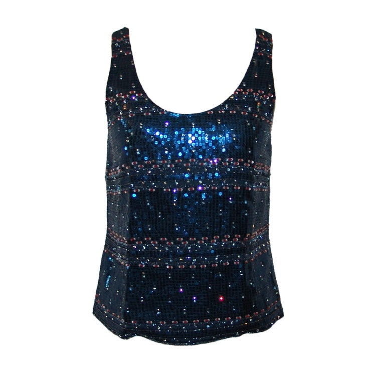 Giorgio Armani Navy Blue Sequin and Beaded Sleeveless Top - 42 For Sale