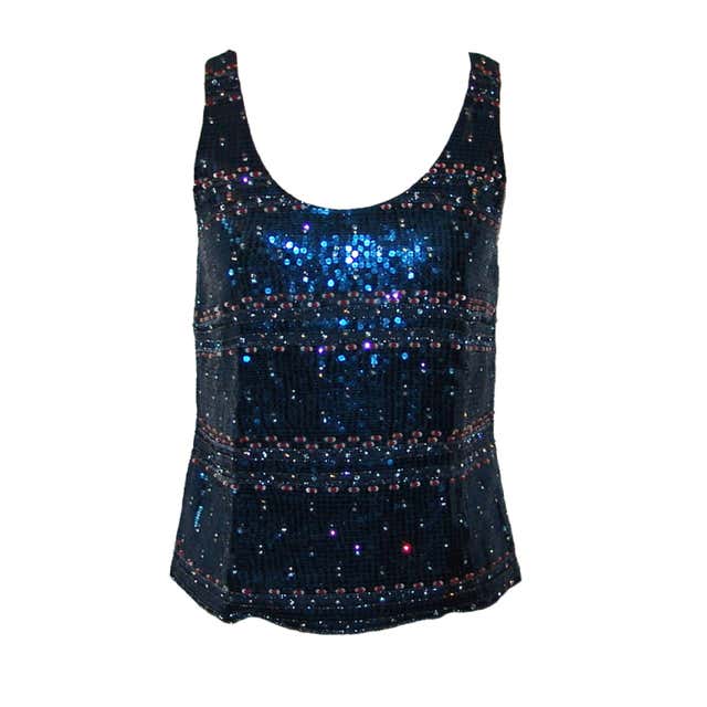 Giorgio Armani Navy Blue Sequin and Beaded Sleeveless Top - 42 For Sale ...