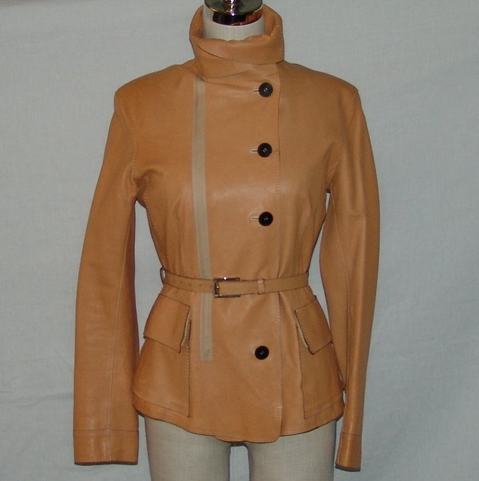 Donna Karen taupe, leather jacket, length 24