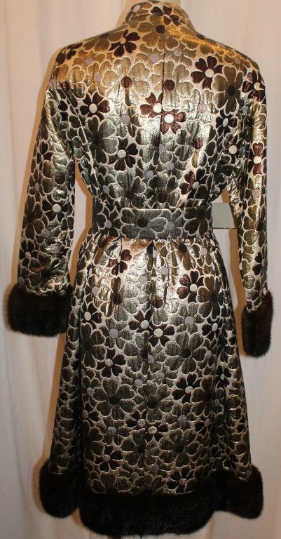 Vintage Lillie Rubin Brown/Gold Silk Brocade Coat w/ Fur Trim-8 1