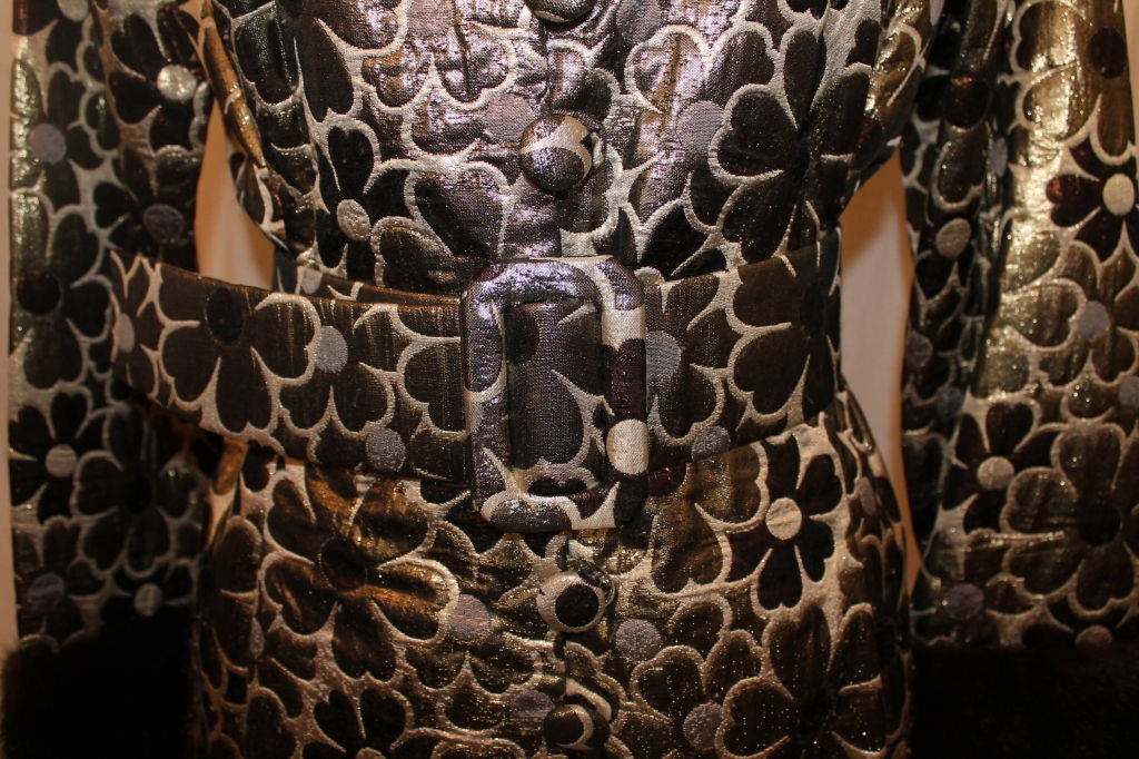 Vintage Lillie Rubin Brown/Gold Silk Brocade Coat w/ Fur Trim-8 2