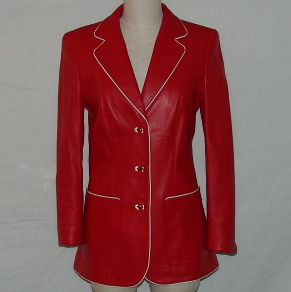 Escada red leather jacket with white leather piping.  Length 28