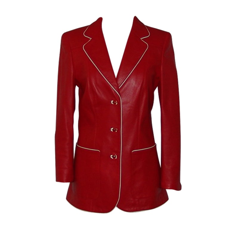 Escada Red Leather Jacket with White Leather Piping