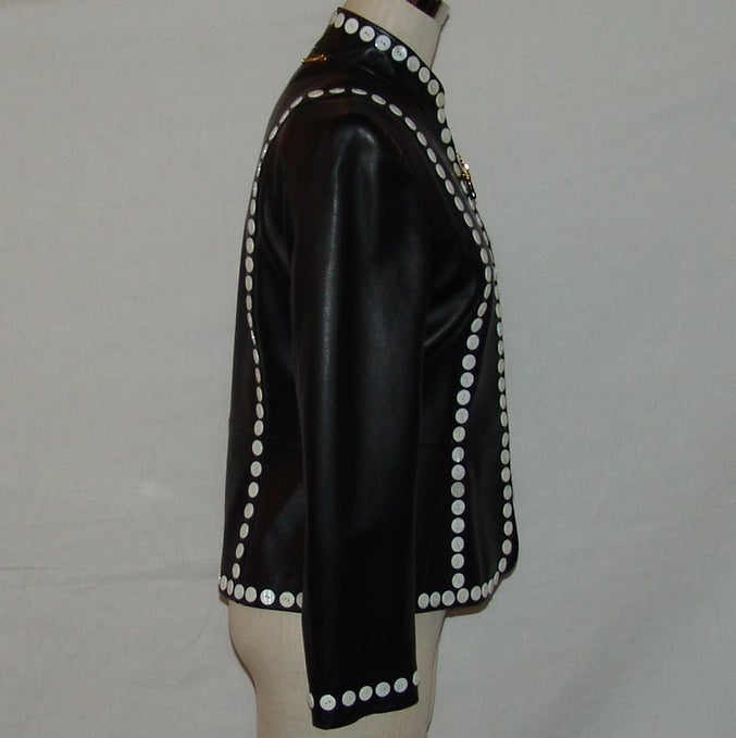 Women's St. John Black Leather Jacket with White Button Detail
