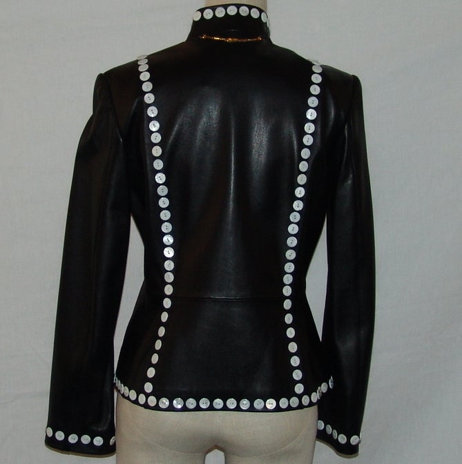 St. John Black Leather Jacket with White Button Detail 1