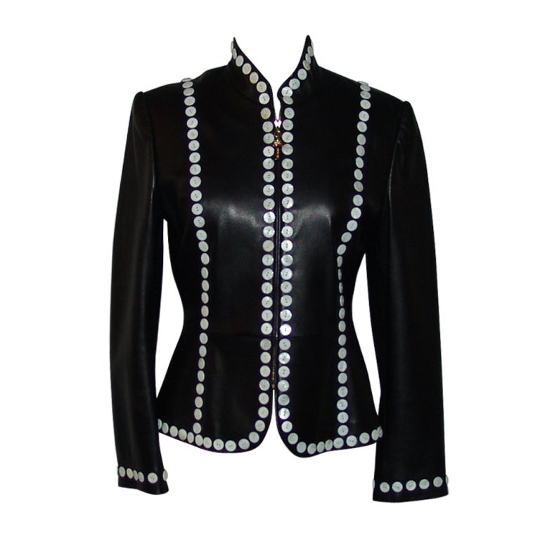 St. John Black Leather Jacket with White Button Detail