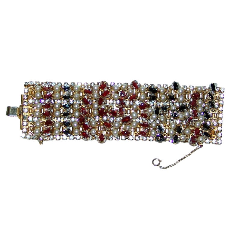 Vintage Hobe Gold, Pearl, Red, and Black Crystal Bracelet