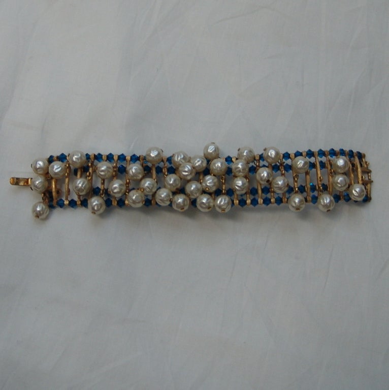 Vintage Crown Trifari bracelet, with gold, pearl, blue crystals,  length 7