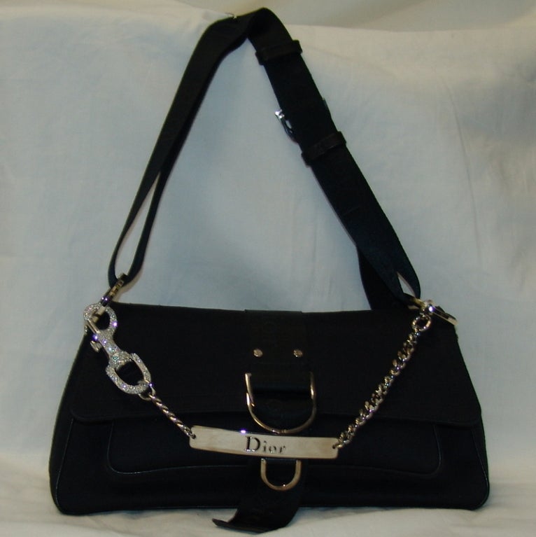 Dior black canvas handbag with rhinestone hook.  Height 6