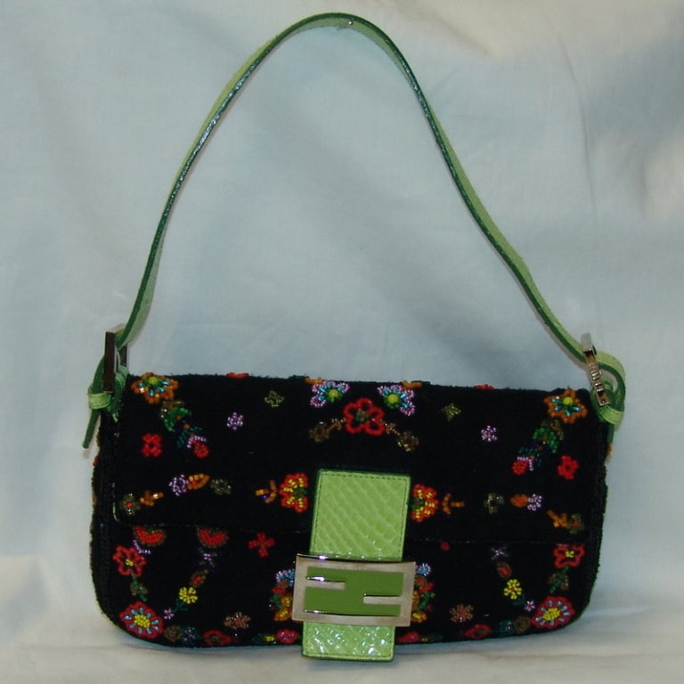 Fendi handbag with beaded flowers and lime snake skin.  Height 6