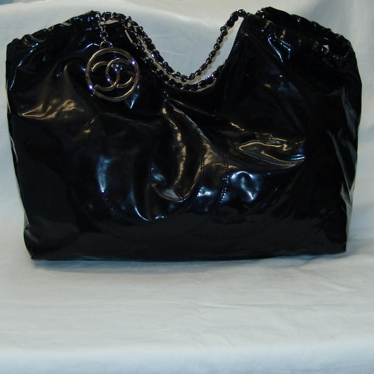 Chanel black patent leather, coco cabas handbag.  Height 15