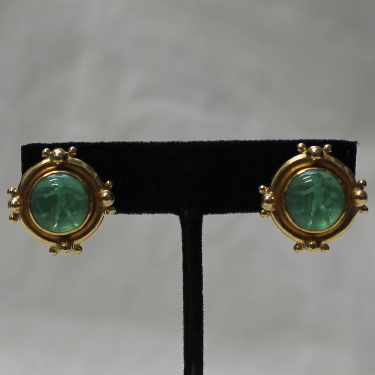 Elizabeth Locke 18k Yellow gold, Green Venetian Glass Intaglio Post and Clip Earrings. .75
