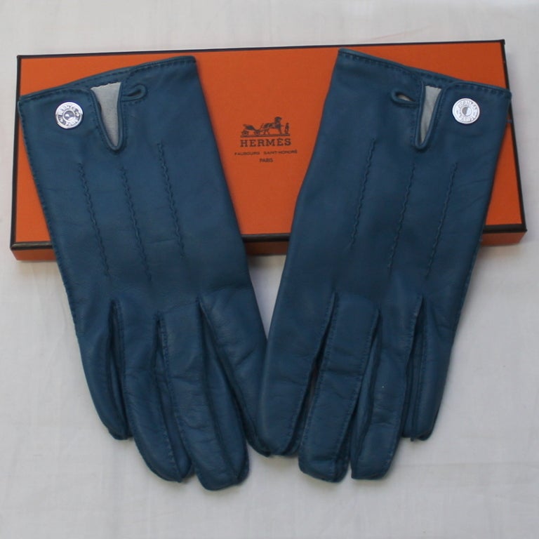 Hermes Blue Leather Gloves at 1stDibs