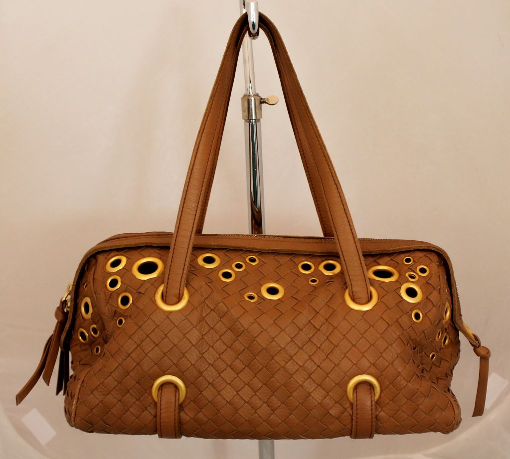Bottega Veneta Tan Woven Handbag with Gold Grommets. Shoulder strap length: 8"