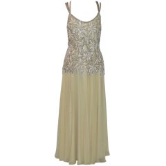 Pale Yellow Silk and Chiffon Gown with Sequins and Beads