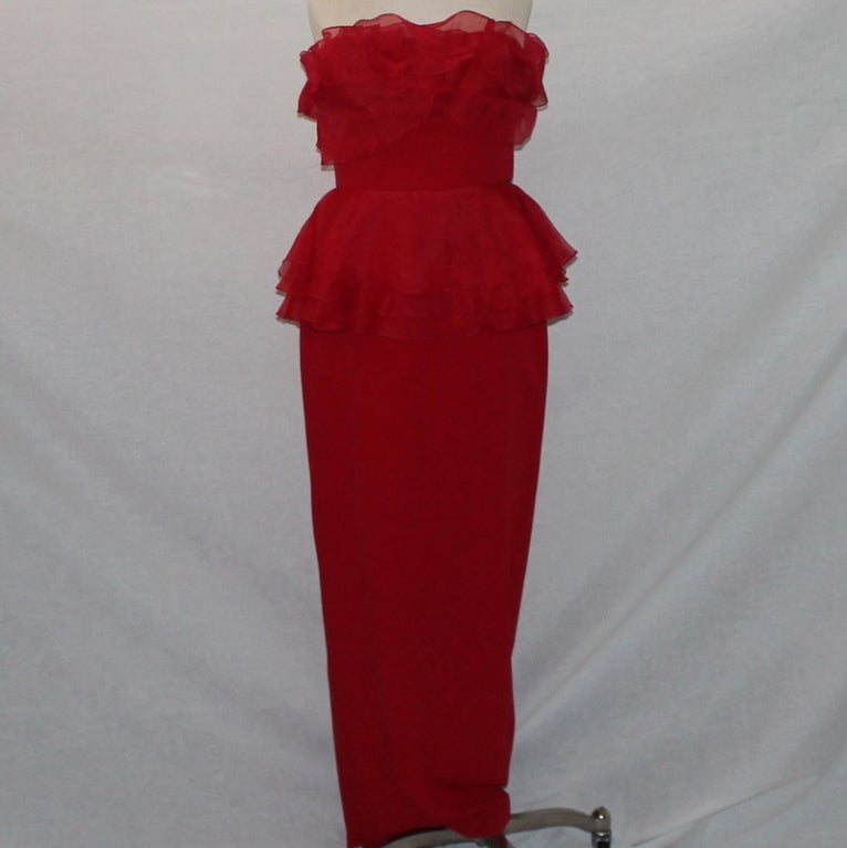 Marchesa Red Silk Gown, length 54", bust 38", waist 36".