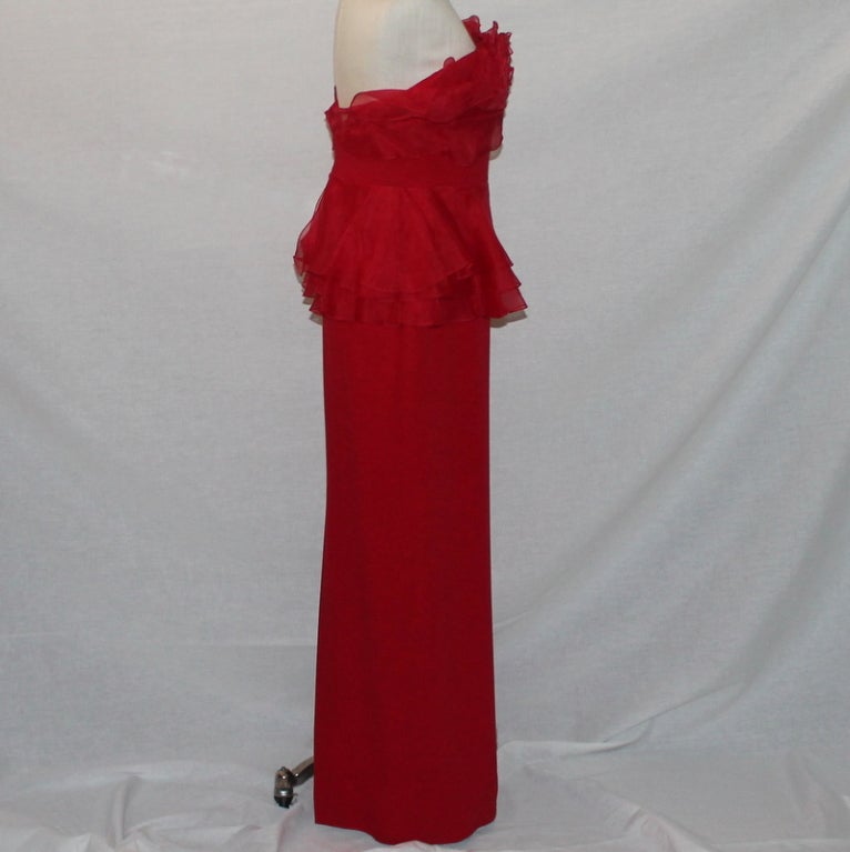 red silk strapless dress