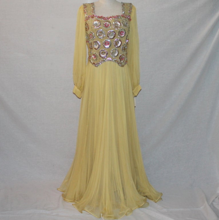 Couture Yellow Chiffon Gown, size 8.