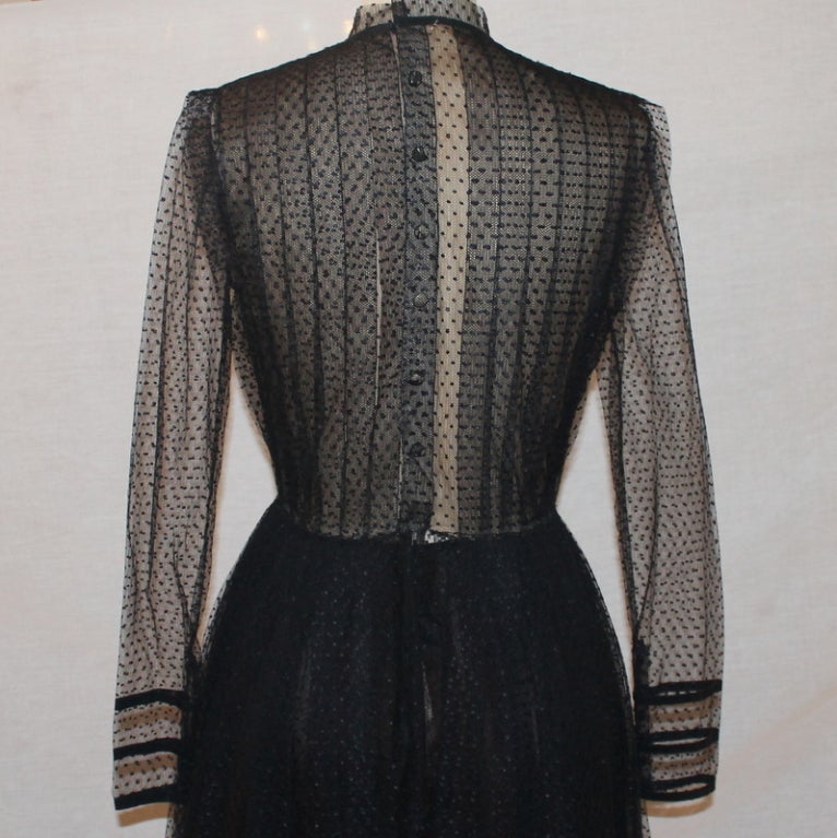 Women's Pauline Trigere Black Point d'esprit Gown - size 10 - Circa 70's For Sale