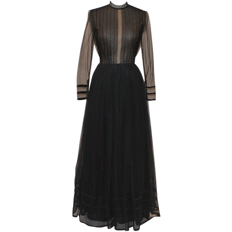 Pauline Trigere Black Point d'esprit Gown - size 10 - Circa 70's For Sale