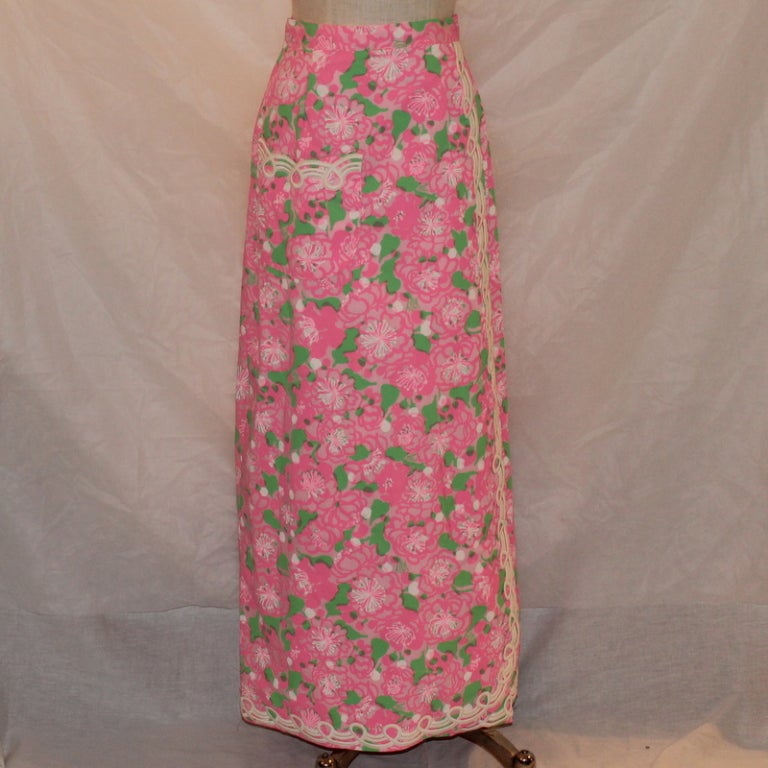 Vintage Lilly Pulitzer pink and green pastel long adjustable waist wrap skirt, size 6
