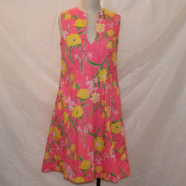 Vintage Lilly Pulitzer dress, pink with yellow floral design, sleeveless with v-neck, size 6