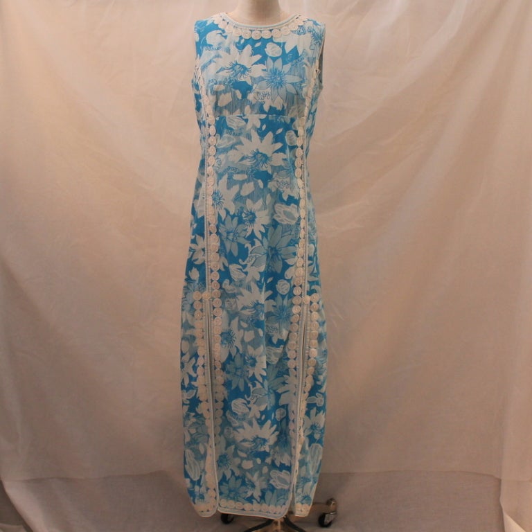 Vintage Lilly Pulitzer blue and white floral maxi dress with two side slits, size medium