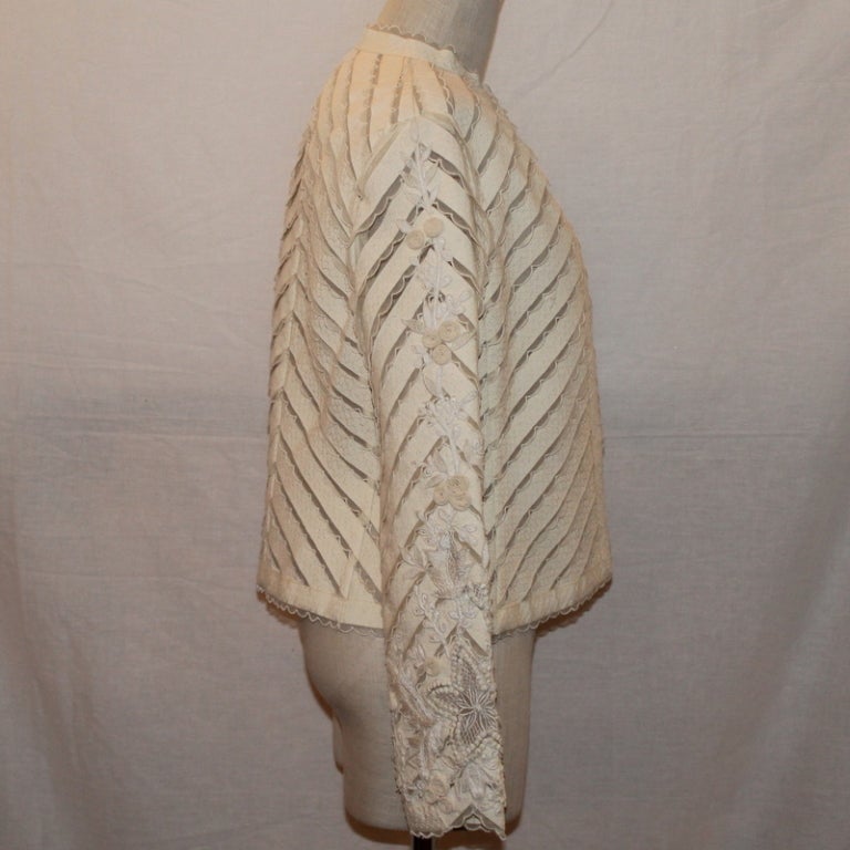 Marrone Bill Blass - Giacca in pizzo broccato avorio taglia 10 Vintage in vendita