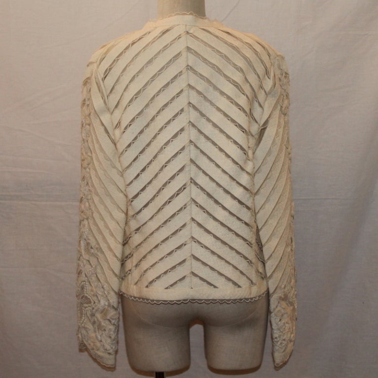 Brown Bill Blass Ivory Lace Brocade Jacket Size 10 Vintage For Sale