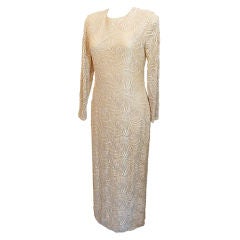 Vintage Tom and Linda Platt Champagne lace beaded gown-Sz 10