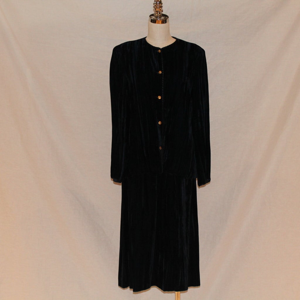 Vintage Chanel Navy Crushed Velvet Suit - Circa 80's - 42