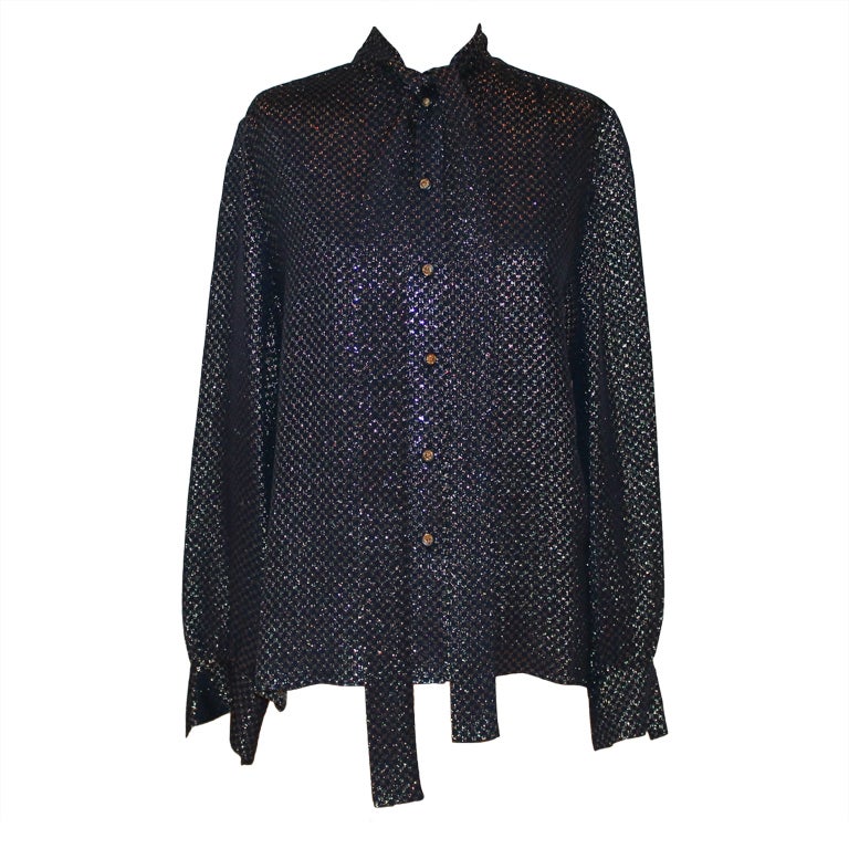 Chanel Vintage Navy & Gold Lame Blouse with "CC" Print - 40 - Circa 70's