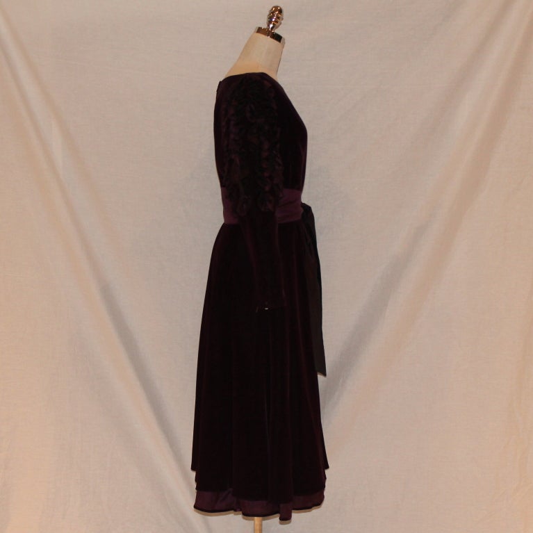 Louis Feraud vintage circa 80's eggplant velvet dress with sash