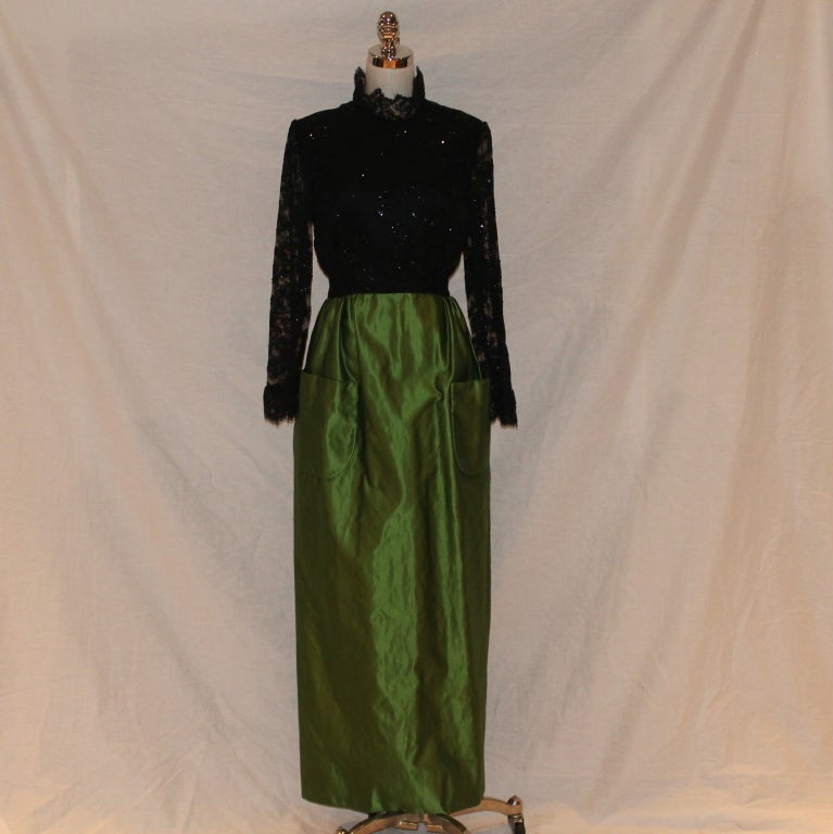Roger Freres Black Lace and Green Silk Taffeta Gown - Sz 10 - Circa 70's  
Additional Measurements:
Bust 40
