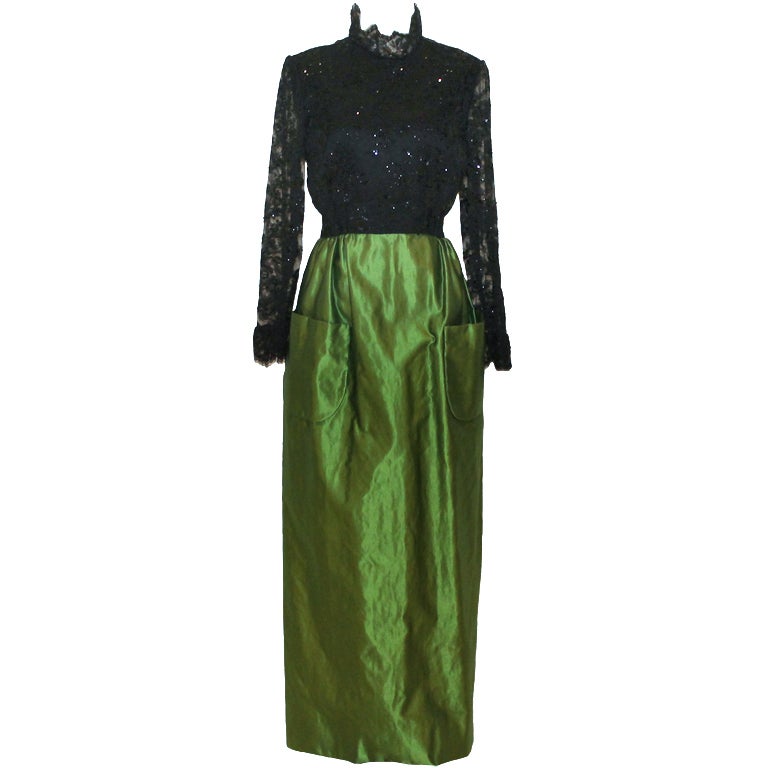 Roger Freres Schwarzes Kleid aus Spitze und grünem Seidentaft-10-Century 70er Jahre