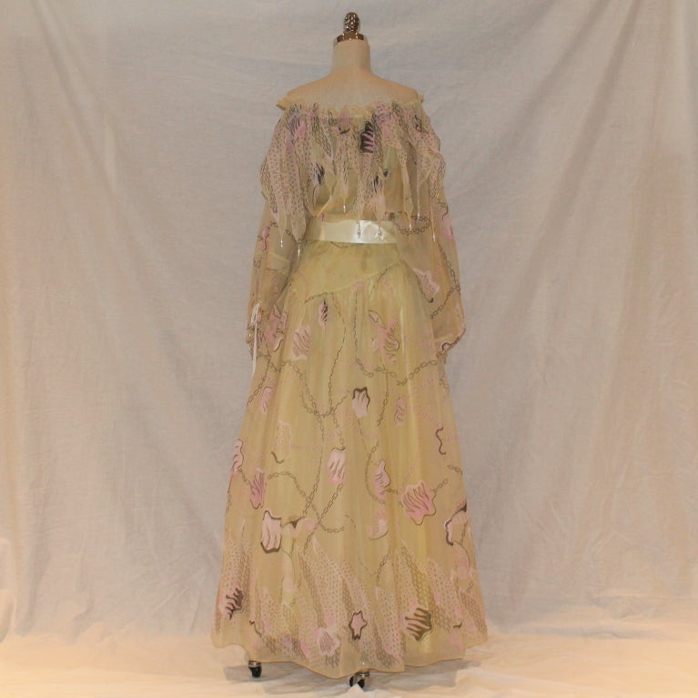 Beige Vintage Zanda Rhodes Pale Yellow Silk Organza Print Gown - L - Circa 80's
