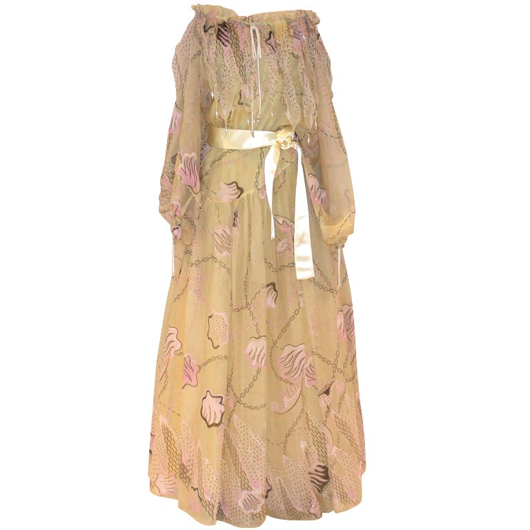 Vintage Zanda Rhodes Pale Yellow Silk Organza Print Gown - L - Circa 80's