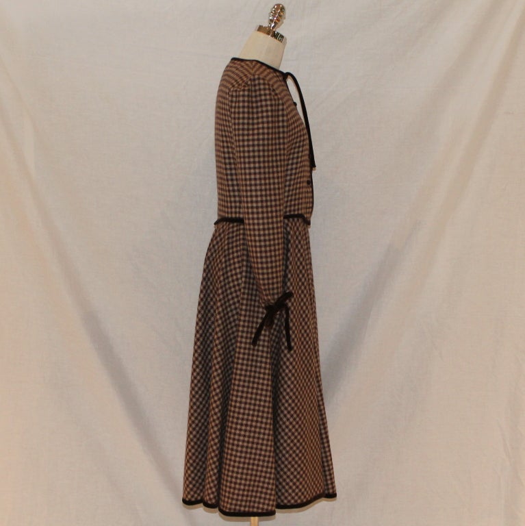Valentino vintage brown/ivory wool dress with velvet piping late 70's