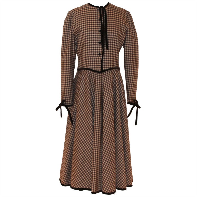 Valentino Brown/Ivory Checkered Wool Dress - 12 - Circa 70's