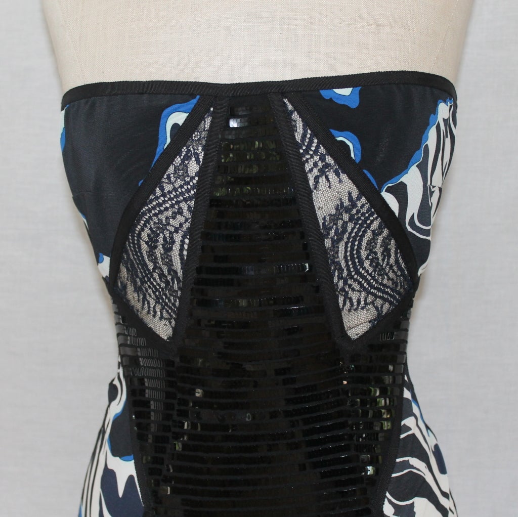 Emilio Pucci Black/Blue/White Print strapless Sequin Dress-4-NWT
Excellent, NWT