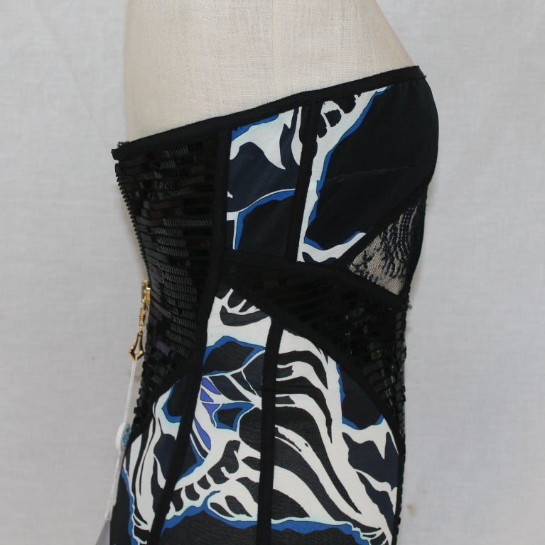 Emilio Pucci Black/Blue/White Print strapless Sequin Dress-4-NWT 1
