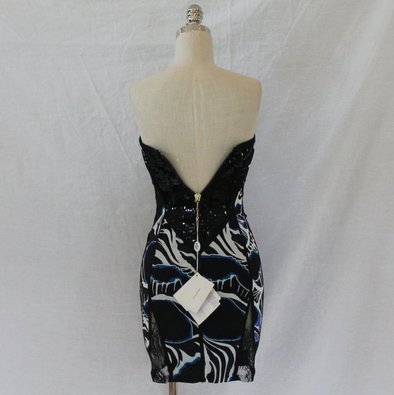 Emilio Pucci Black/Blue/White Print strapless Sequin Dress-4-NWT 2