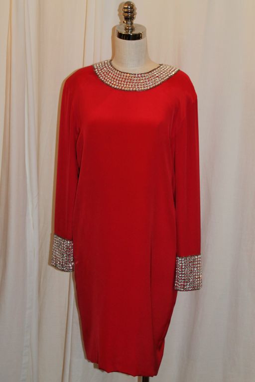 Henri Bendel Red Silk Shift Dress w/ Crystal Beading