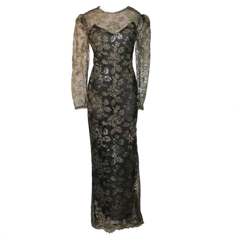 Vintage Oscar De la renta Black and Gold Lace Gown - Circa 90's For ...