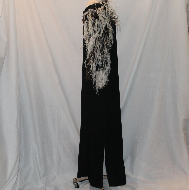 Women's Richilene Black Silk Gown w/ Blk & Wht Ostrich feather sleeves