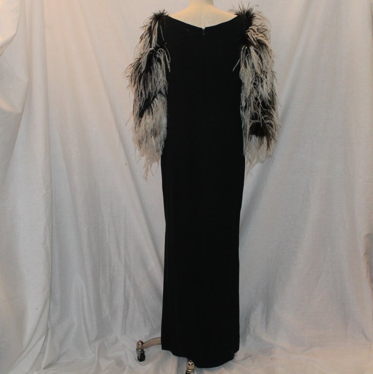 Richilene Black Silk Gown w/ Blk & Wht Ostrich feather sleeves 1
