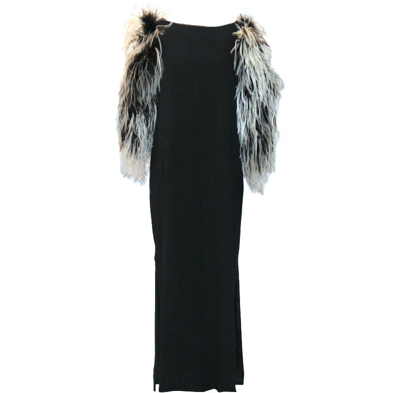 Richilene Black Silk Gown w/ Blk & Wht Ostrich feather sleeves