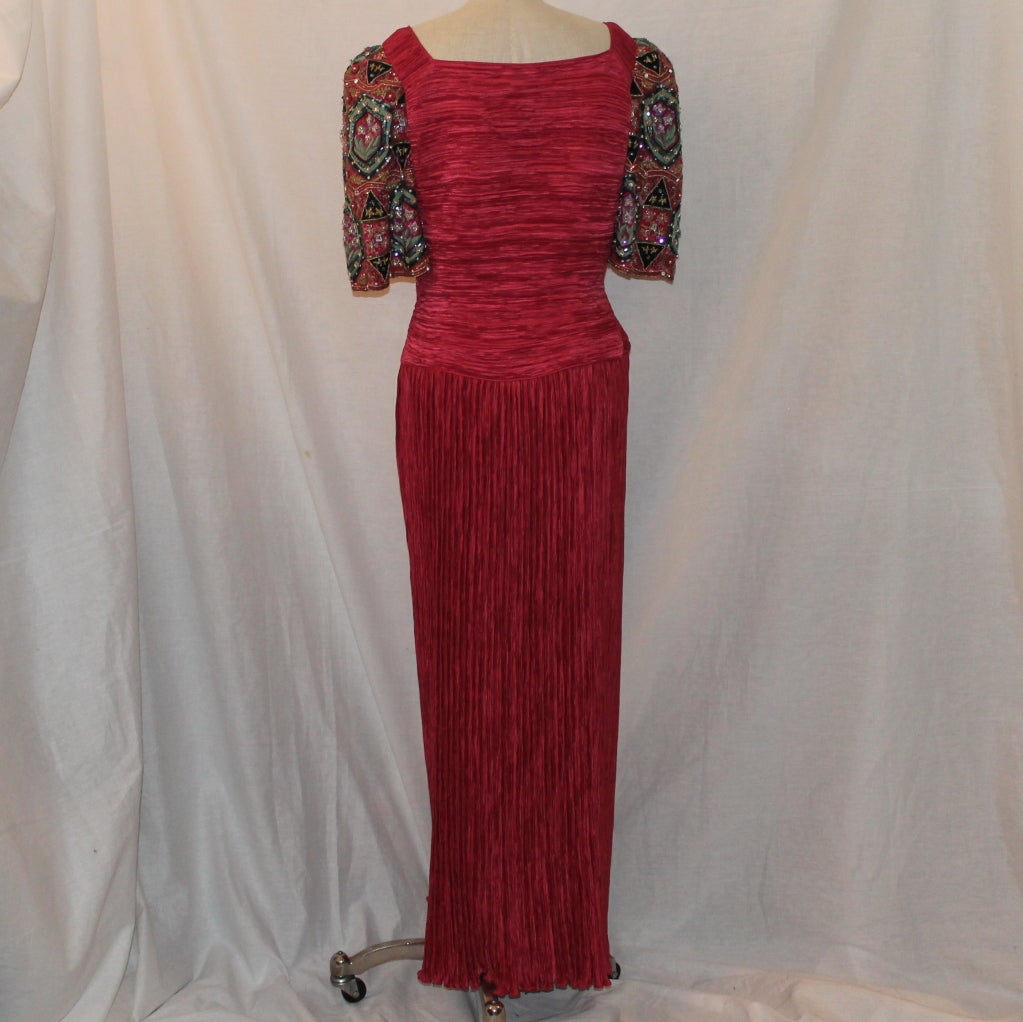 Women's Mary Mcfadden Raspberry Gown with Heavily beaded sleeve-Sz 12